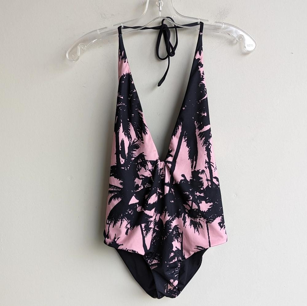Tropical Hawaiian one piece backless swimsuit/bathing suit - pink and black
